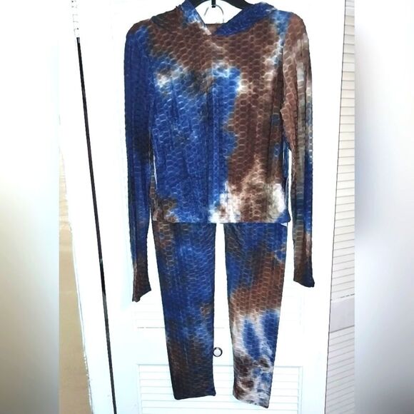 Women's Honeycomb Bubble Texture Tie Dye Butt Lift Activewear Sweatsuit Hooded M - Picture 5 of 10